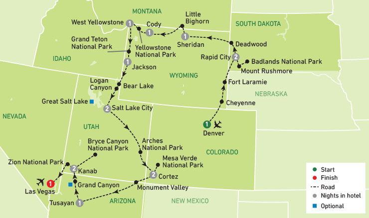 Parks, Mount Rushmore & Little Bighorn tour map