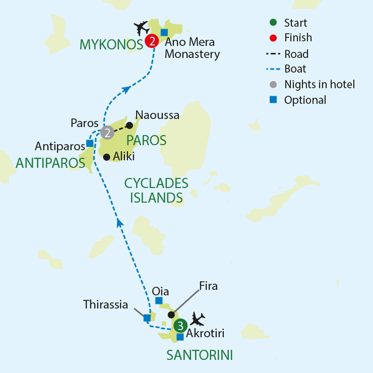 Santorini, Paros & Mykonos tour map