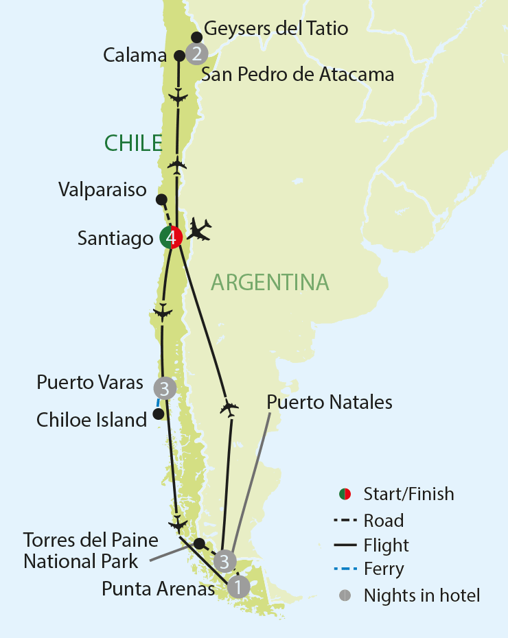 Chile - The Atacama to Patagonia tour map