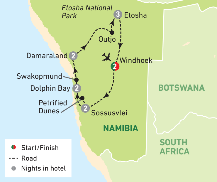 Namibia - Tribes and Natural Wonders tour map