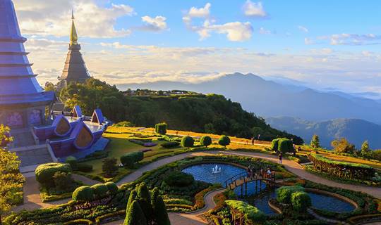 Large temple with views of mountains, Thailand