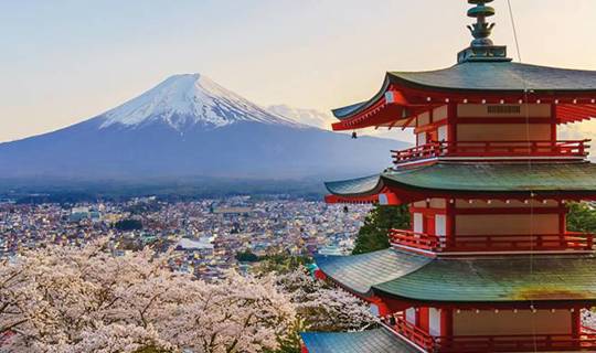 Pagoda overlooking Mount Fuji, Japan
