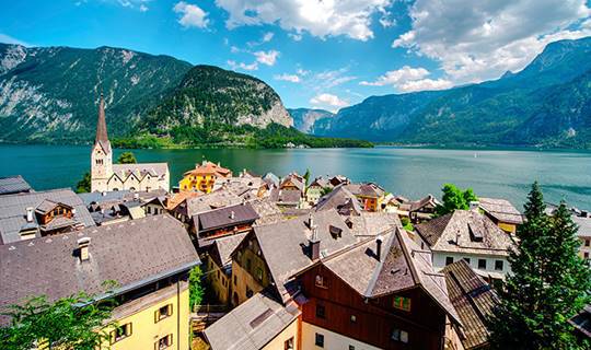 Town with mountain and lake backdrop, Austria