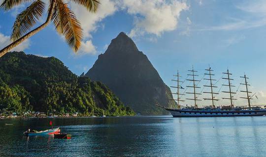 A large pirate-style ship by Pitons, St Lucia