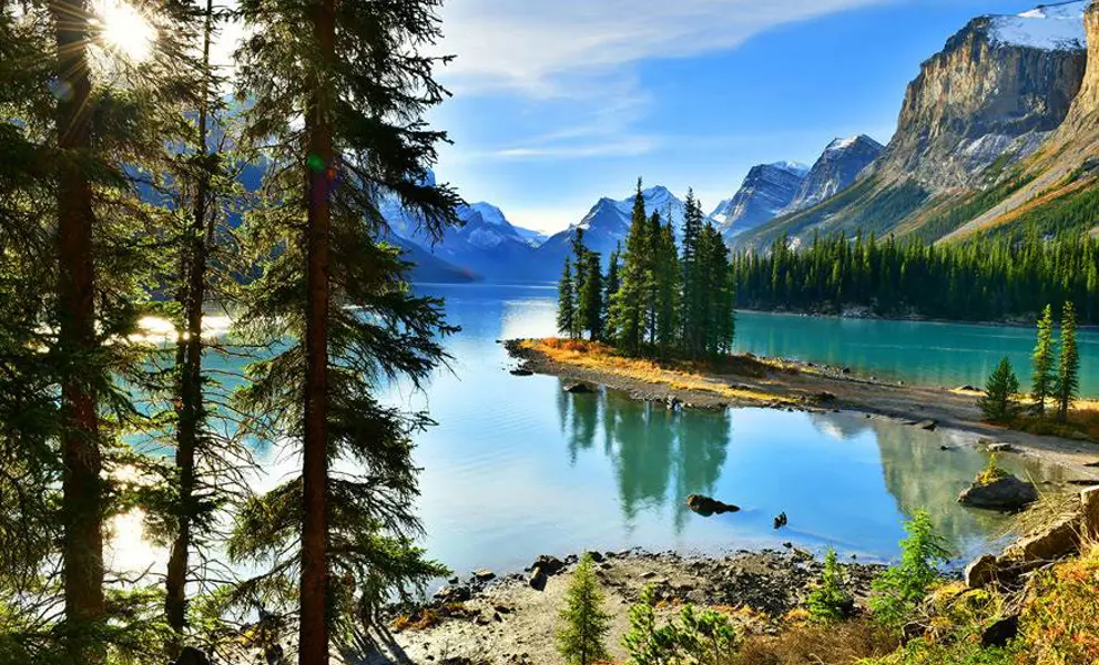 Sun shining over Jasper National Park Of Canada