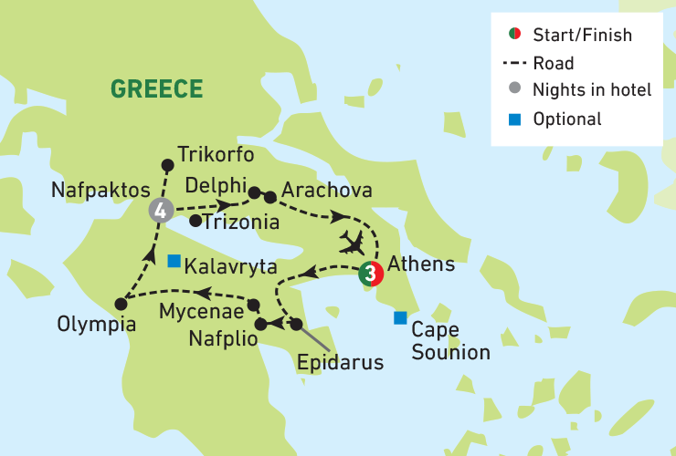 Athens, Olympia and the Corinth Coast tour map