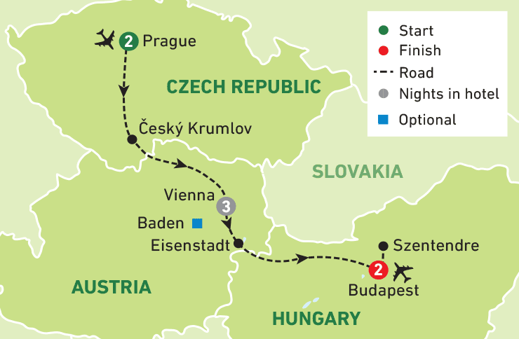 Map showcasing the tour of Prague, Vienna, and Budapest