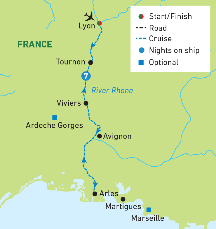 Highlights of the Rhone for Singles - Cruise map