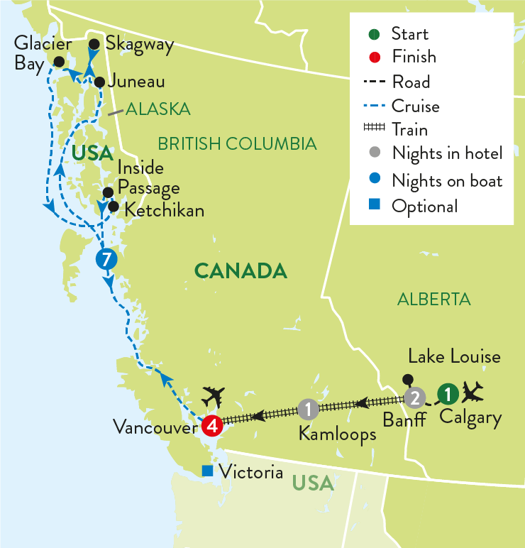 tourhub | Travelsphere | Rockies, Rail and an Alaskan Cruise with Vancouver add-on | Tour Map