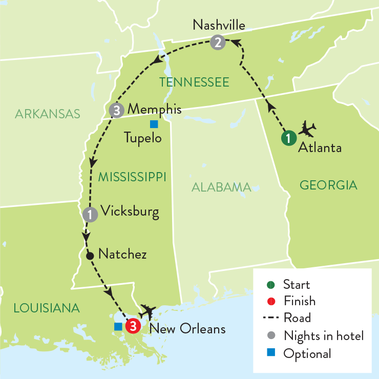 tourhub | Travelsphere | The Best of the Deep South - Nashville, Memphis & New Orleans | Tour Map