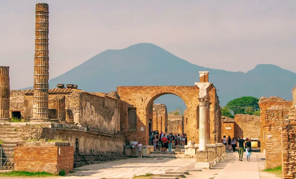 Ruins of Pompeii with Mount Vesuvius, near Naples. One of the main tourist attractions in Italy.