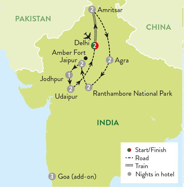 tourhub | Travelsphere | Taj, Tigers, Temples and Rajasthan's Palaces with Goa add-on | Tour Map